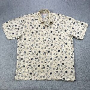 Avanti 100% Silk Hawaiian Shirt Men XL Floral Cream Blue Pocket FLAW‎